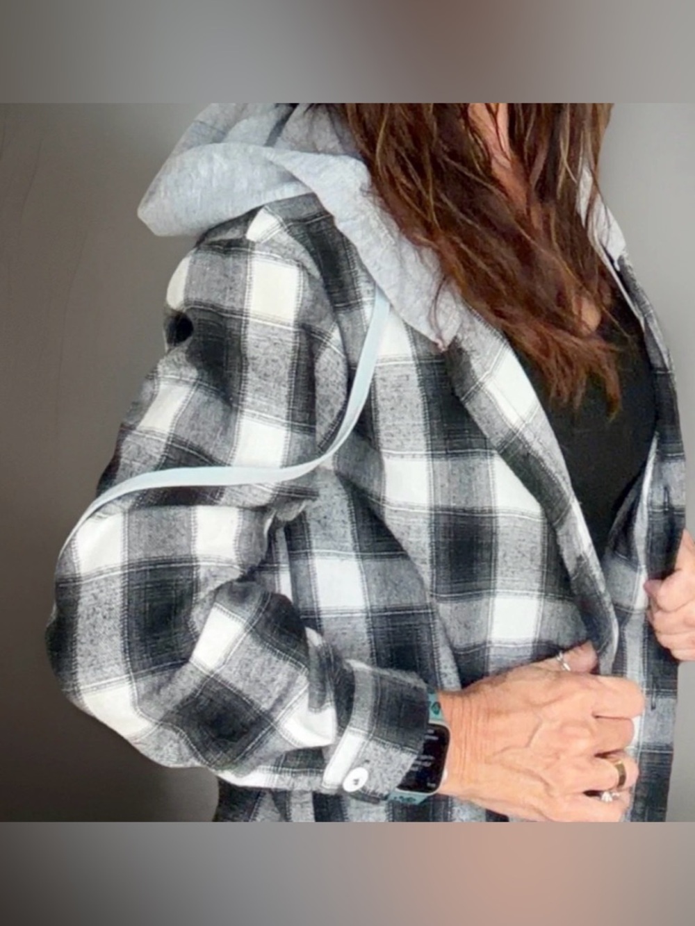 Womens Plaid Flannel Shacket Jacket Hoodie Oversized Long Sleeve Shirt Black